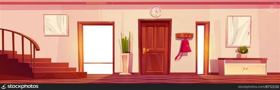 House hallway entrance interior with stairs and furniture. Apartment background with door, mirror, bag on hanger, flower in vase, table with potted plant and clock on wall, Cartoon vector illustration. House hallway entrance interior with furniture
