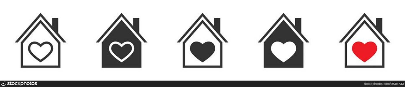 House heart icon. House with heart shape icons set. Lovely home symbol. Vector illustration.