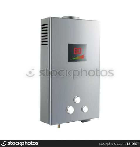 House Heater Equipment For Heating Water Vector. Blank Stylish Steel Automatical Device For Heating Room Temperature With Temp Control Electronic Screen. Mockup Realistic 3d Illustration. House Heater Equipment For Heating Water Vector