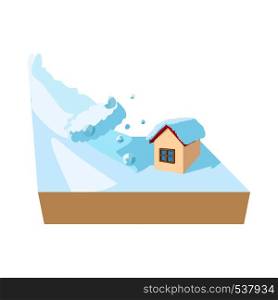 House hit by avalanche icon in cartoon style on a white background. House hit by avalanche icon, cartoon style