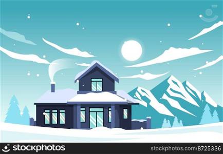 House Home in Mountain Snow Fall Winter Illustration