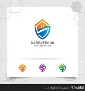 House home logo design concept of shied vector and security icon. Real estate and property logo for construction, contractor, architect, and rent house.