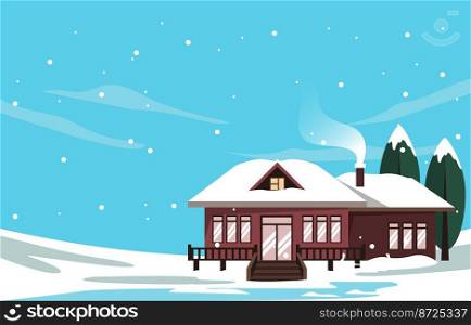 House Home Tree in Snow Fall Winter Illustration