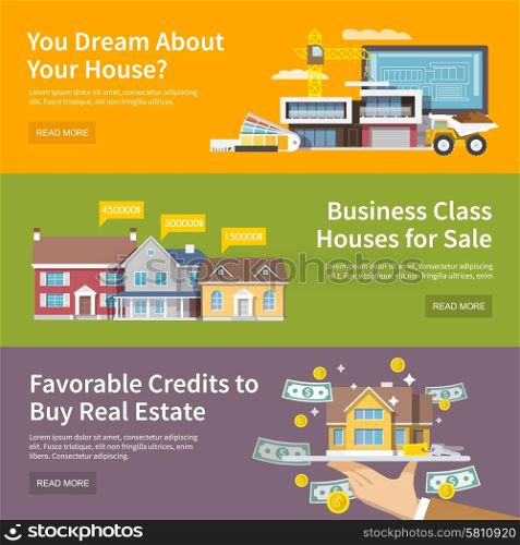 House horizontal banner set with property purchase credit and building flat elements isolated vector illustration. House Banner Set
