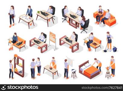 House husband doing chores and working woman in office icons set 3d isometric isolated vector illustration