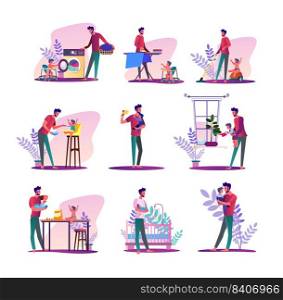 House husband set. Man doing laundry, ironing, feeding baby. Flat vector illustrations. Parental leave, father at home concept for banner, website design or landing web page