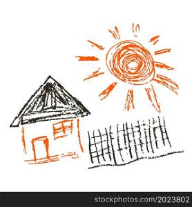 House. Icon in hand draw style. Drawing with wax crayons, colored chalk, children&rsquo;s creativity. Vector illustration. Sign, symbol, pin, sticker. Icon in hand draw style. Drawing with wax crayons, children&rsquo;s creativity