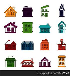 House icons set. Doodle illustration of vector icons isolated on white background for any web design. House icons doodle set