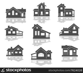 House icons set in grey and white with reflections for real estate design. Collection of vector house designs