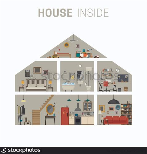 House in cut infographics with furniture. Vector flat house with set of basic rooms.