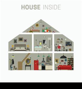 House in cut infographics with furniture. Vector flat house with set of basic rooms.