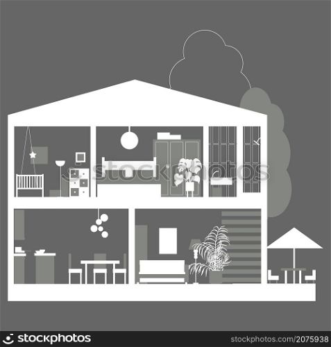 House in cut. Modern house interior.Vector illustration. House in cut. House interior.