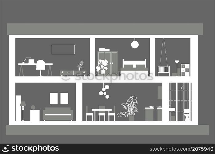 House in cut. Modern house interior.Vector illustration. House in cut. House interior.