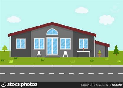 House in flat style. Home with green garden, grass and trees in street. Building without fence. Cottage in town or suburb with roof, exterior, entrance and road. Icon apartment for realtors. Vector.. House in flat style. Home with green garden, grass and trees in street. Building without fence. Cottage in town or suburb with roof, exterior, entrance and road. Icon apartment for realtors. Vector