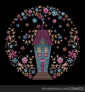 House in floral garden. Steampunk fairy tale fantasy home. Tiny building and wild flowers with golden branches. Silk stitch embroidery nowaday vector template. Illustration of floral embroidery. House in floral garden. Steampunk fairy tale fantasy home. Tiny building and wild flowers with golden branches. Silk stitch embroidery nowaday vector template