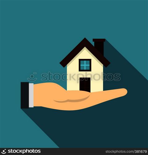 House in hand icon. Flat illustration of house in hand vector icon for web design. House in hand icon, flat style