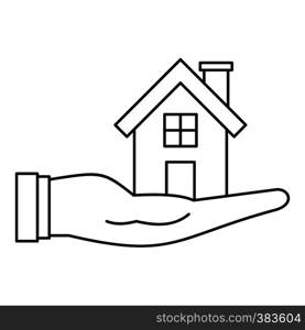 House in hand icon. Outline illustration of house in hand vector icon for web design. House in hand icon, outline style
