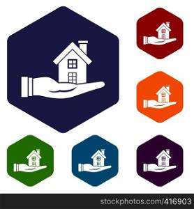 House in hand icons set rhombus in different colors isolated on white background. House in hand icons set