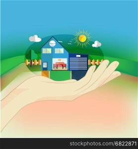 House in hand. Vector image of a country house in hand. Country house merges with nature.