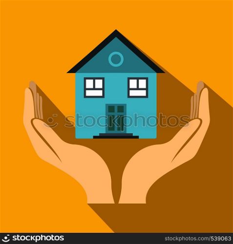 House in hands icon in flat style on a yellow background. House in hands icon, flat style