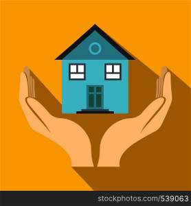 House in hands icon in flat style on a yellow background. House in hands icon, flat style