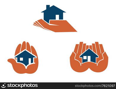 House in hands symbols and pictograms for real estate business design