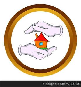 House in hands vector icon in golden circle, cartoon style isolated on white background. House in hands vector icon