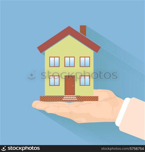 House in human hand in flat design style