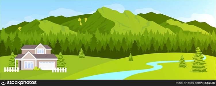 House in mountains flat color vector illustration. Green hill and coniferous forest fir trees. Rural nature scenery. 2D cartoon peaceful landscape with woodland and village lodge on background. House in mountains flat color vector illustration