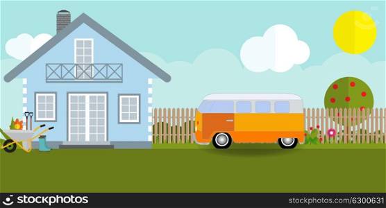 House in nature with apple trees, cars, flowers, garden tools. Vector Illustration. EPS10. House in nature with apple trees, cars, flowers, garden tools. V