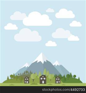 House in the forest mountains in the background. Vector illustration