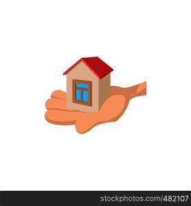 House in the hand cartoon icon. Charity simbol on a white background. House in the hand cartoon