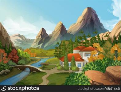 House in the mountains, nature landscape, vector background