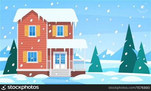 House in winter. Cottage in snowy landscape in countryside, snow forest with trees and hills, front view building with terrace christmas vacation seasonal vector background. House in winter. Cottage in snowy landscape and snow forest with trees and hills, front view building with terrace christmas vacation vector background