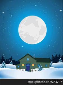 House In Winter Landscape. Illustration of a house or lodge inside winter snow landscape in the moonlight
