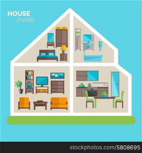 House inside interior design ideas poster for sleeping sitting rooms and kitchen furniture flat abstract vector illustration. House inside furnishing ideas icon poster