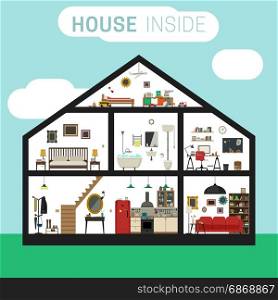 House inside interior.. House in cut with furniture. Vector flat house with set of basic rooms.