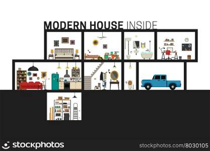 House inside interior. Vector flat house with set of basic rooms. Modern building in cut with furniture.