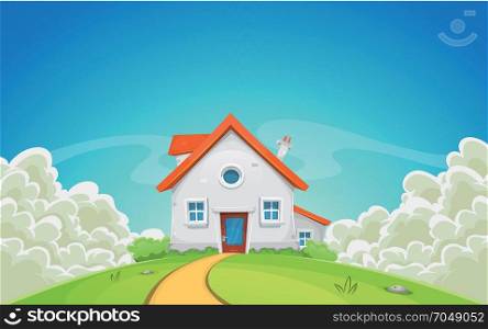 House Inside Nature Landscape With Clouds. Illustration of a cartoon country house in spring or summer season, with fields of grass, rounded cloudscape and beautiful shining sky background
