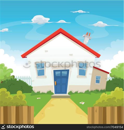 House Inside Spring Garden. Illustration of a cartoon little house in spring or summer season, with backyard garden, fence, hedges and trees