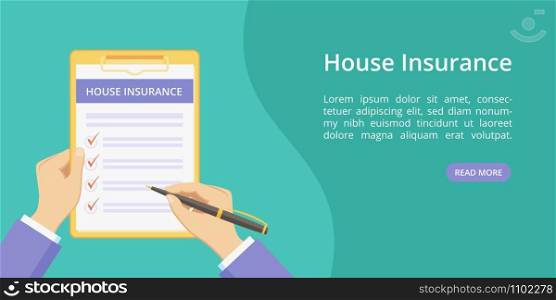 House insurance policy on clipboard with hands landing page concept. Online service for property insurance quotes green web page, flat man hands, filing house policy form on clipboard with check list. Landing house insurance on clipboard with hands
