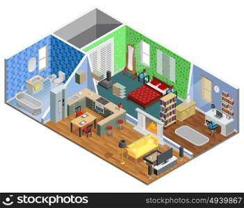House Interior Design . House interior isometric design with living room bathroom kitchen bedroom and study vector illustration