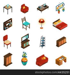 House Interior Icons Set . House interior isometric icons set with sofa table and chair isolated vector illustration