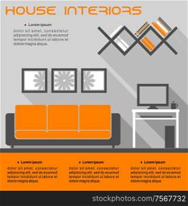 House interior infographic vector template in orange and grey showing a living room with a sofa, tv, wall shelves and table with space for text