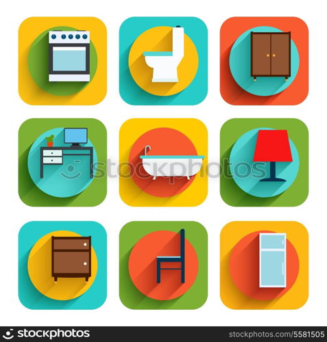 House interiors flat icon set of oven toilet bowl wardrobe isolated vector illustration