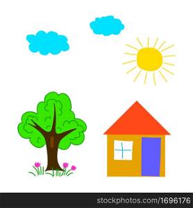 House kid picture. Home building. Green tree. Colored sign. Artistic background. Vector illustration. Stock image. EPS 10.. House kid picture. Home building. Green tree. Colored sign. Artistic background. Vector illustration. Stock image.