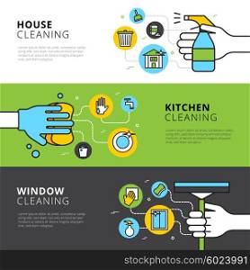 House Kitchen And Window Cleaning Banners. Cleaning flat horizontal banners with hands detergents and tools for house kitchen and window cleaning vector illustration