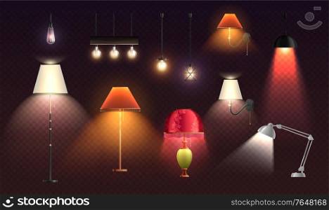 House lighting lamps realistic transparent set of isolated designer lampshades of different colour with light spots vector illustration
