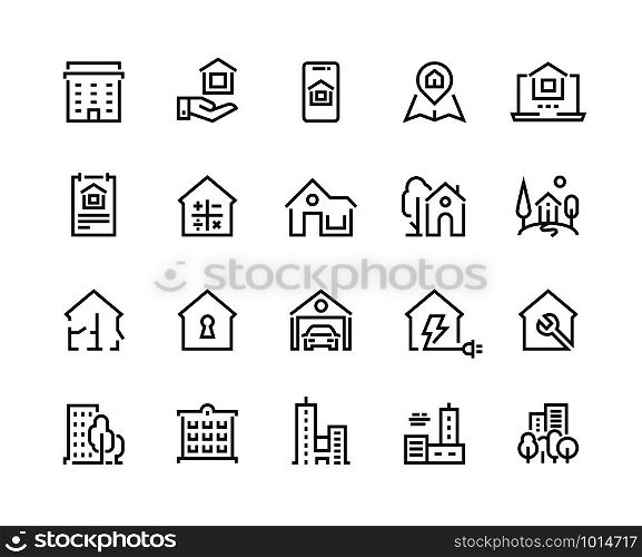 House line icons. Town houses city buildings and constructions, homepage browser interface icons. Vector illustration real estate symbols residential area and homes security key sign set. House line icons. Town houses city buildings and constructions, homepage browser interface icons. Vector real estate set