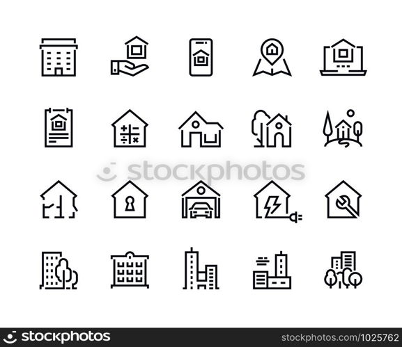 House line icons. Town houses city buildings and constructions, homepage browser interface icons. Vector illustration real estate symbols residential area and homes security key sign set. House line icons. Town houses city buildings and constructions, homepage browser interface icons. Vector real estate set